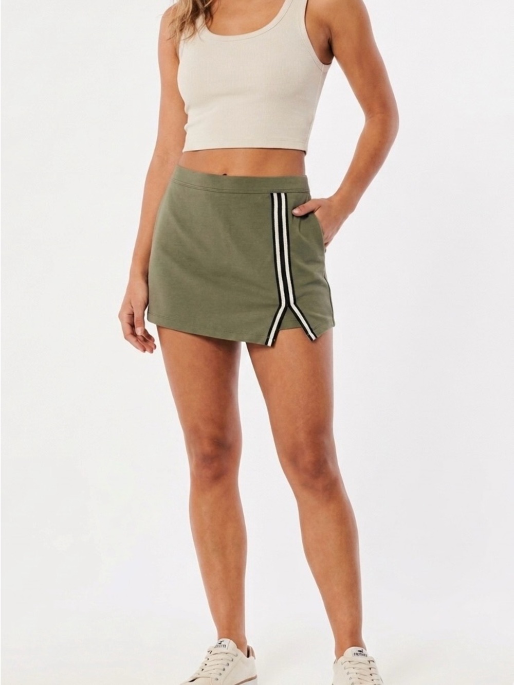HOLLISTER y2k Olive Army Green Athletic Skort Sporty Side Stripe Mini Skirt M